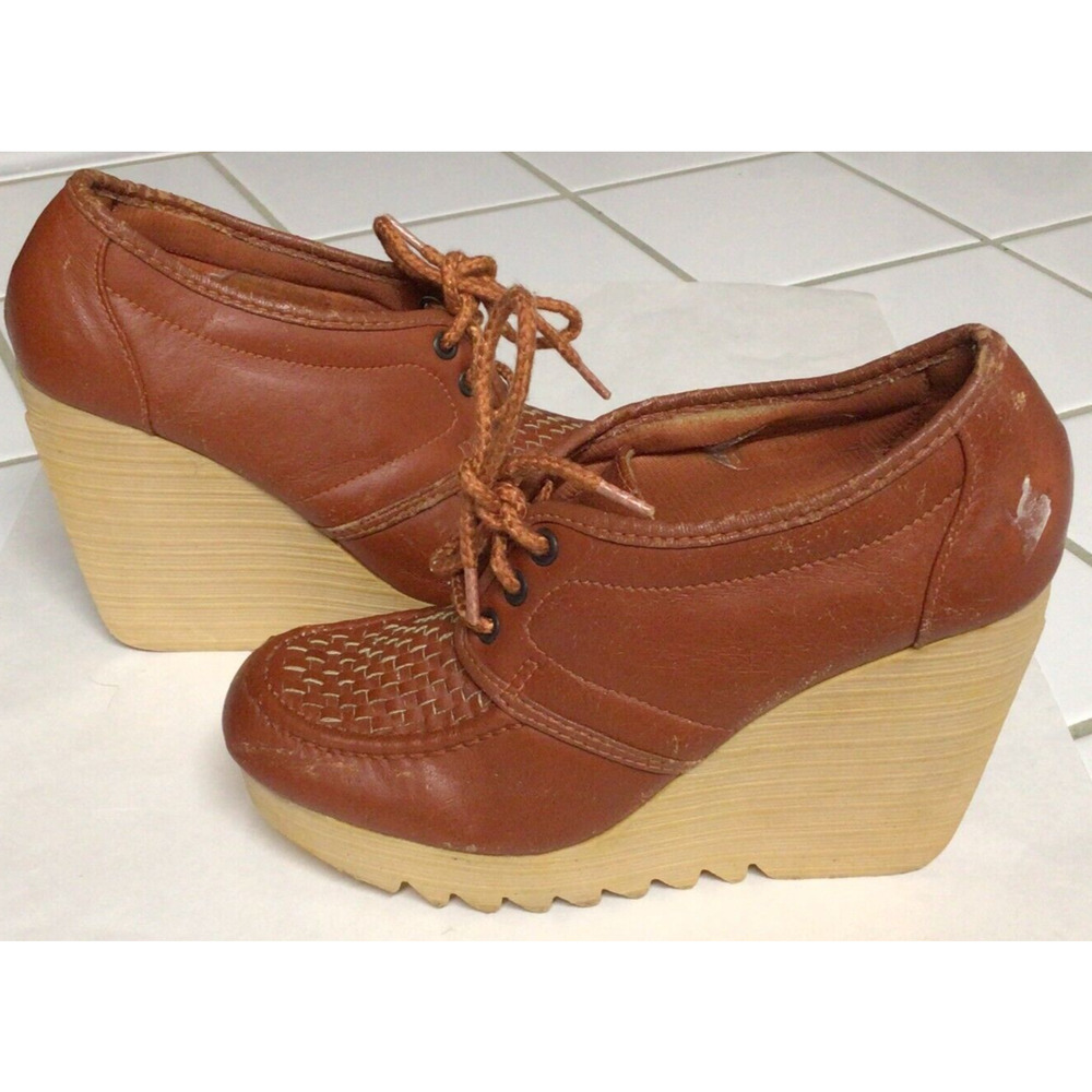 Vintage 70s 4 inch wedge platform vegan brown lace-up sky high oxford mules shoe